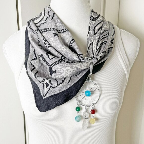 One-of Black & White Silk Bandanna w/ Gemstone Dreamcatcher Pendant Necklace Set - Picture 1 of 9